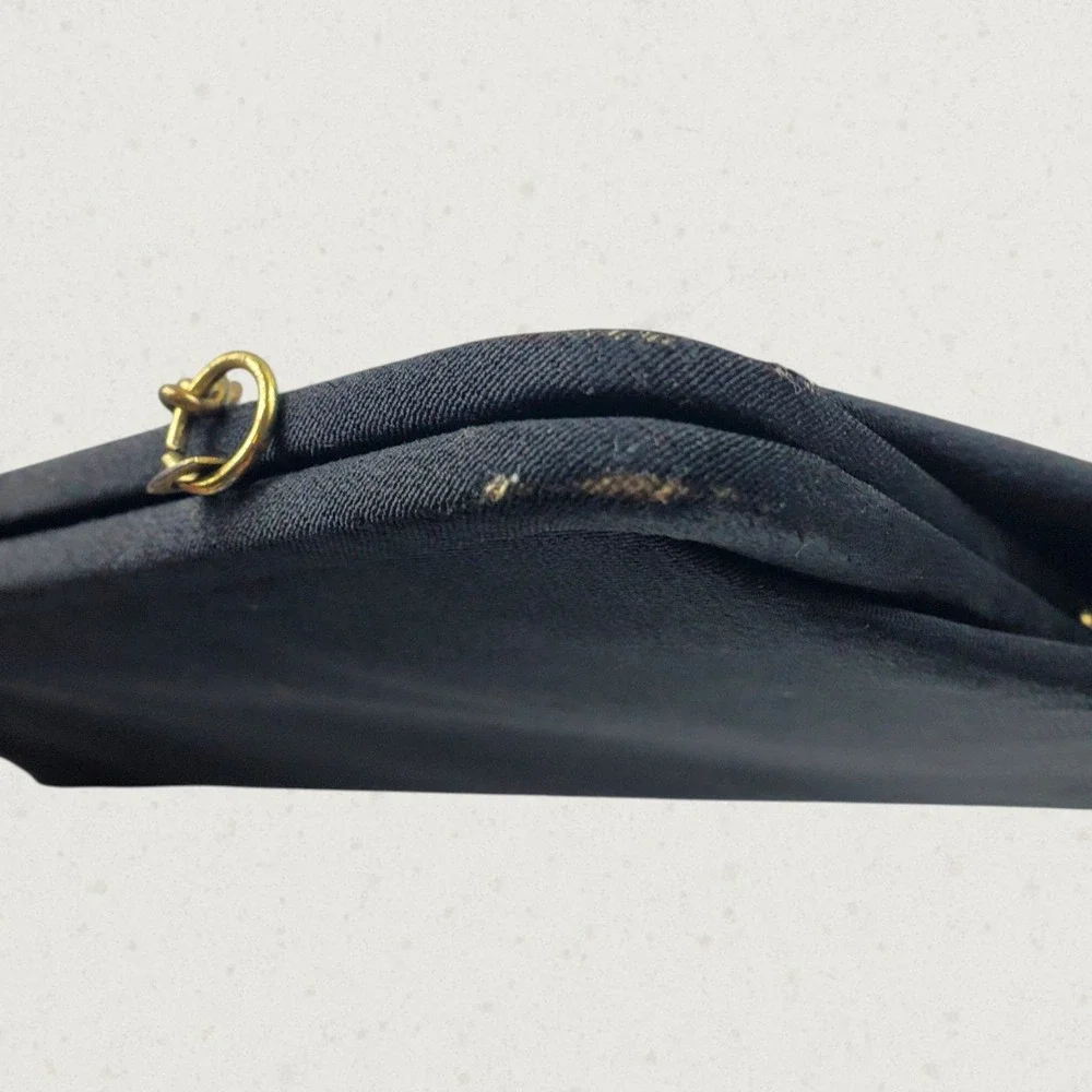 Vintage Black Satin Evening Clutch Bag Gold Floral Clasp Chain Strap Mid Century